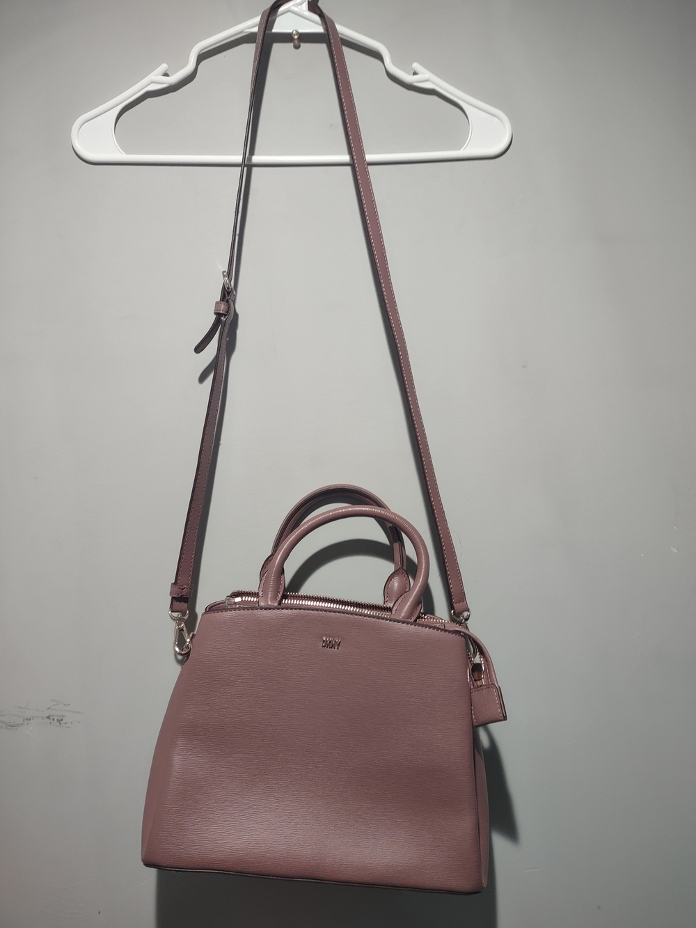 DKNY Mauve-Pink Structured Satchel with Top Handles and Crossbody Strap